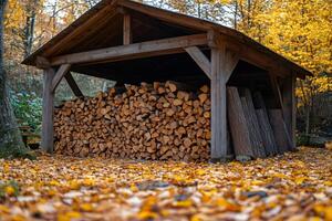 Rustic wood storage shed in autumn forest photo