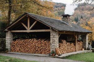 Rustic firewood shed in autumn forest setting photo