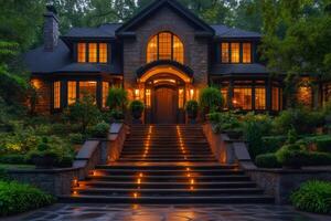 Luxurious stone and brick home exterior with illuminated steps at dusk photo