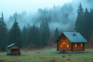 Cozy wooden cabin glowing in misty forest at dusk photo