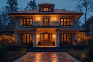 Luxurious house illuminating the neighborhood at twilight with elegant lights photo