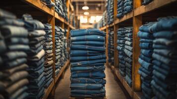 Stacks of folded jeans filling warehouse shelves displaying denim merchandise photo