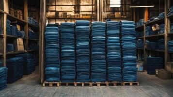 Stacks of folded jeans filling warehouse shelves and pallets displaying mass production of denim apparel photo