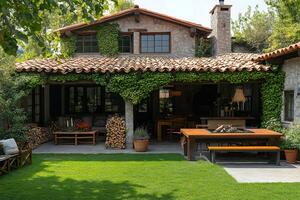 Ivy covered patio of a stone house with fire pit table and lush green lawn photo