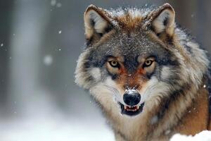 Majestic wolf staring intently in snowy forest photo