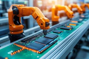 Robotic arms assembling circuit boards in a factory photo
