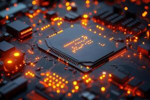 Glowing circuit board with illuminated microchip photo