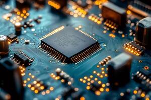 Microchip showing computing power on blue circuit board photo
