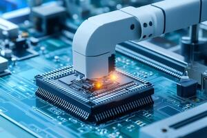 Robotic arm assembling microchip on circuit board photo