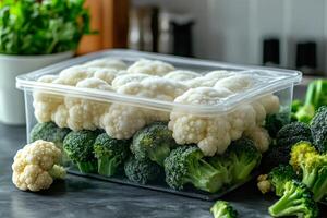 Fresh broccoli and cauliflower in plastic container photo