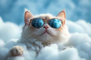 Relaxed cat wearing sunglasses in fluffy clouds photo