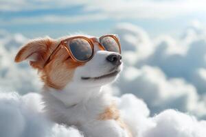 Adorable dog relaxing in the clouds with sunglasses photo
