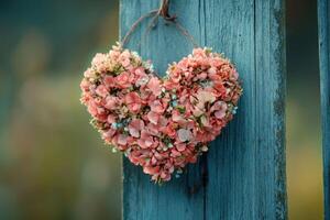 Heart shaped floral wreath hanging on rustic wood photo