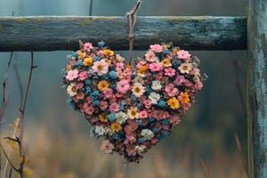 Heart shaped floral arrangement hanging on rustic fence photo