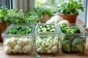 Fresh vegetables stored in glass containers on wooden table photo