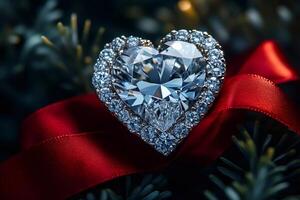 Sparkling heart shaped diamond on red ribbon photo