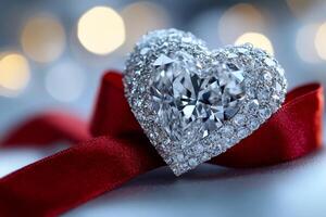 Sparkling heart shaped diamond with red ribbon . photo