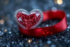 Sparkling heart shaped gemstone on red ribbon photo