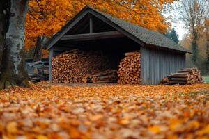 Rustic wood shed surrounded by autumn leaves photo