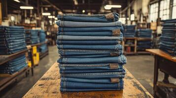 Stack of folded jeans on wooden table in denim factory warehouse photo