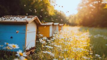 Buzzing bees around colorful beehives in wildflower field photo