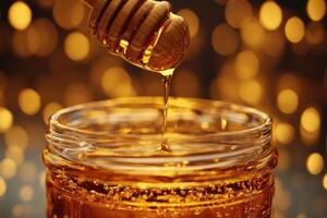 Golden honey dripping into glass jar photo