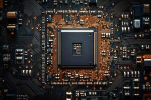 Modern printed circuit board with cpu showing complex electronic components photo