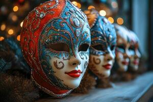 Elaborately designed venetian masks with intricate patterns.. photo