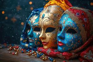 Elaborately designed venetian masks with intricate patterns. photo