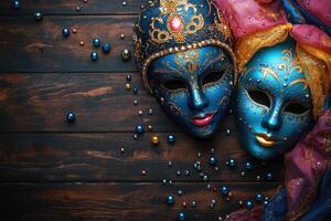 Two beautiful venetian masks resting on dark wooden table with colorful beads photo