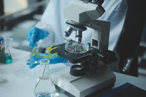 A person in a lab coat is looking at a microscope photo