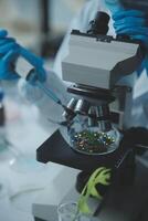 A person in a lab coat is looking at a microscope photo