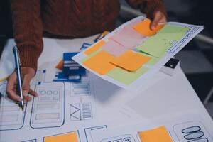 A person is holding a piece of paper with sticky notes photo