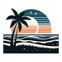 A black-and-white picture of a beach with palm palms and a beach on a circular globe vector