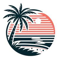 With a sunset in the backdrop, a palm tree stands in the middle of a blue ocean. vector