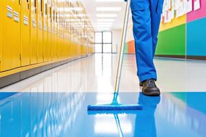 Janitorial staff member performs precise mopping in vibrant school hallway with lockers and bulletin boards photo
