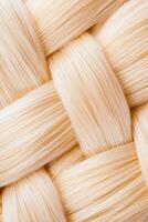 Close-up view of a Dutch braid revealing detailed weaving patterns and soft focus background enhancing the texture and style of the hair photo