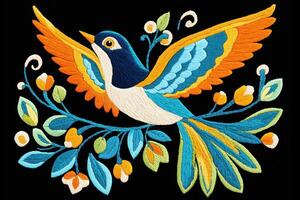 Colorful flying bird with vibrant embroidery featuring intricate stitching and lively colors for an eye-catching sweater design in a natural setting photo