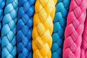 Vibrant braided synthetic rope textures showcasing intricate weaving patterns with close-up details on a neutral background photo