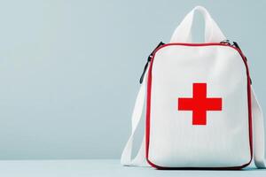 First aid kit featuring poison control instructions with clear labeling and bright red cross symbol for emergency preparedness photo