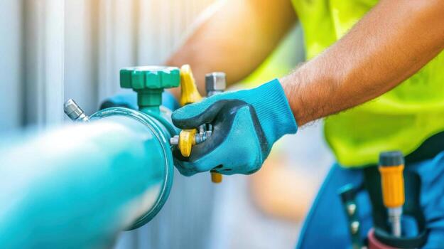 Close-up of a plumber installing a water meter using specialized tools in a well-lit environment photo