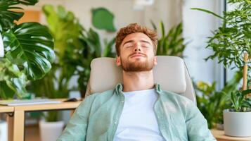 Individual relaxing with closed eyes at a desk in an office setting, surrounded by greenery to promote mindfulness and improve eye health photo