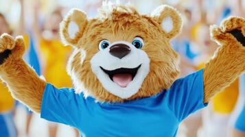 Exciting mascot joyfully dancing in stands during a lively sports event with enthusiastic crowd celebration photo