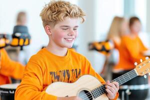 Young person with developmental disabilities enjoys music therapy session playing instrument in inclusive environment photo