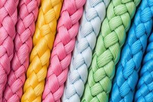 Braided synthetic rope textures displaying vibrant colors and intricate weaving patterns set against a neutral background photo