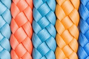 Detailed close-up of braided synthetic rope showcasing vibrant colors and intricate weaving patterns on a neutral background photo