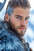 Viking warrior with rugged braids and axe in snowy mountains showcasing strength and determination during a fierce winter battle photo