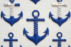 Classic blue and white anchors and ropes pattern with vintage nautical symbols creating a timeless maritime feel for decorative use photo