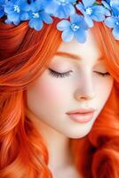 Fiery red hair adorned with delicate blue wildflowers creates a soft and romantic look perfect for springtime celebrations in a natural setting photo