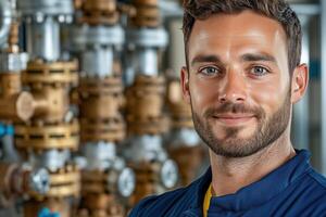 Complex industrial plumbing system installation featuring professional worker in uniform with detailed network of metal pipes and valves in a well-lit environment photo